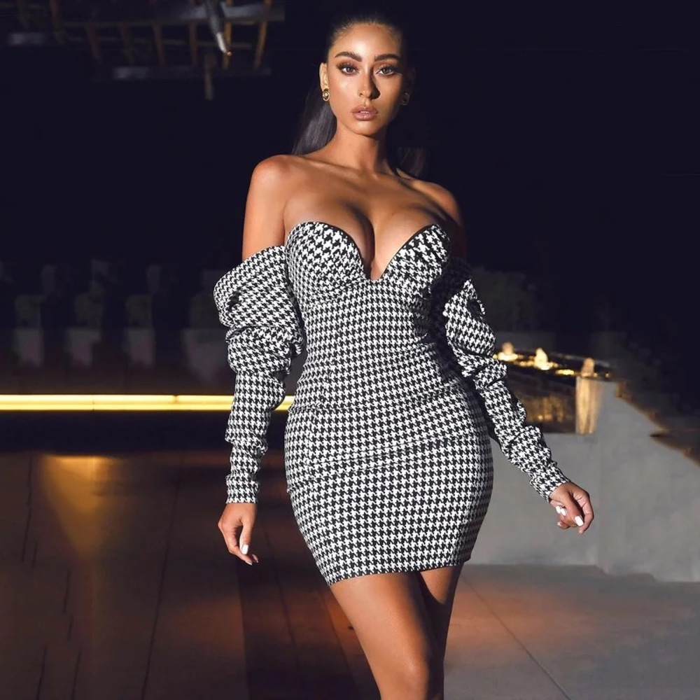 Off-Shoulder Houndstooth Mini Dress | Fall/Winter | Luxury Boutique – S M L - Picture 2 of 16